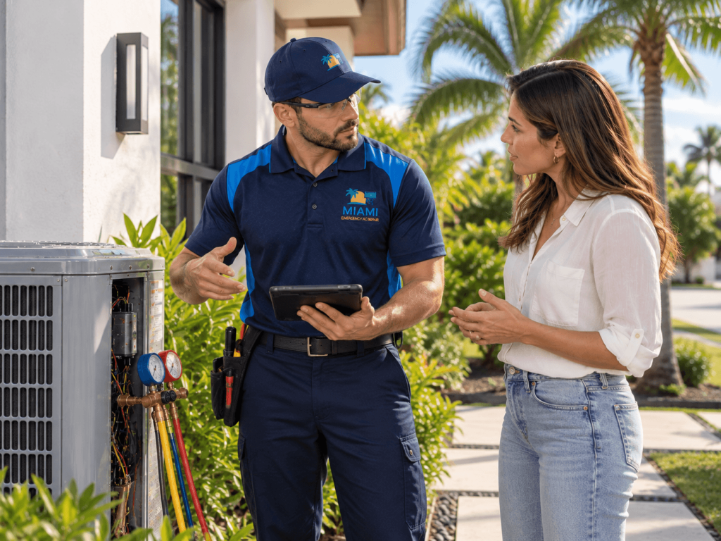 Miami Emergency AC Repair technician explaining diagnostic findings on a tablet to a homeowner next to an outdoor air conditioning condenser unit.