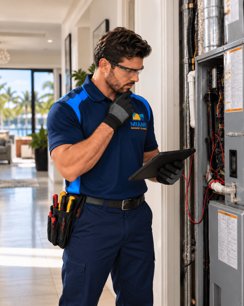 Miami Emergency AC Repair technician inspects an open air-conditioning unit with a tablet in a bright residential hallway.