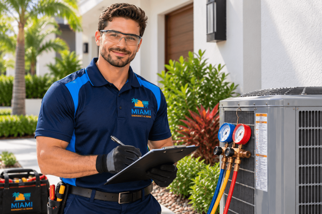 Miami Emergency AC Repair smiling wearing safety glasses, a blue uniform shirt, and work gloves while holding a clipboard and pen.