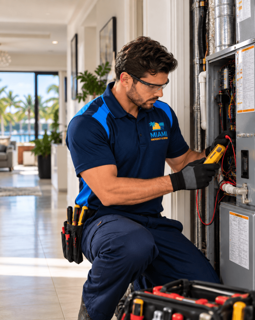 Miami Emergency AC Repair technician uses a multimeter to repair an indoor air-conditioning unit in a bright home.
