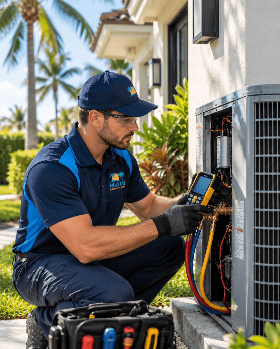 Miami Emergency AC Repair technician servicing an outdoor air conditioning condenser unit.